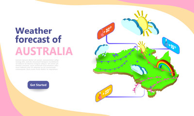 Weather forecast map of Australia. Isometric set icons location on country. Vector widgets layout of a meteorological application. Illustration of meteo pictograms for web, graphic, infographic design