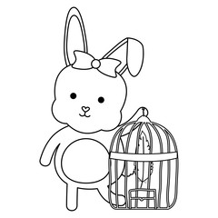 cute little rabbit with cage bird and feathers