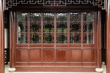 Chinese vintage style house wood gate facade view