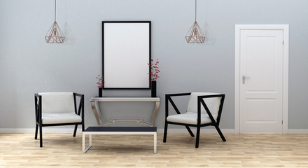 Mock up poster in modern living room with a door, 3d illustration