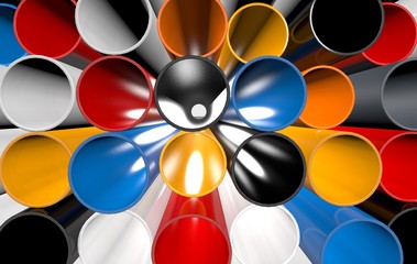 Colored tubes lie randomly. View from the end of the light