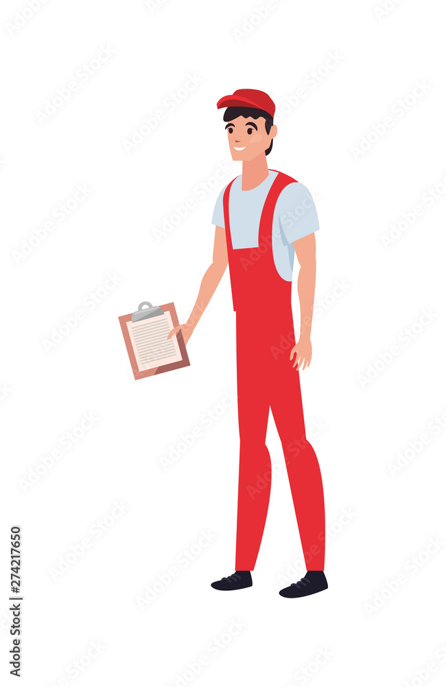 Poster man with clipboard fast delivery logistic icon vector ilustrate