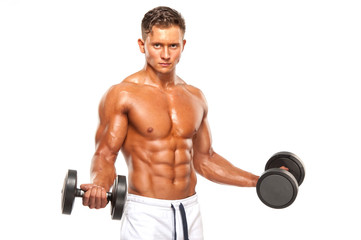 Fototapeta na wymiar Handsome Young Muscular Men Exercise With Dumbbells