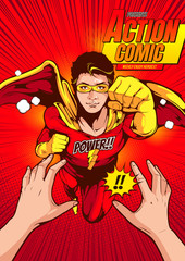 The man in the superhero outfit is fighting, comic book cover template on red background, flyer brochure speech bubbles, doodle art, Vector illustration, you can place relevant content on the area. © kirkchai