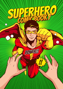 The man in the superhero outfit is fighting, comic book cover template on red background, flyer brochure speech bubbles, doodle art, Vector illustration, you can place relevant content on the area.