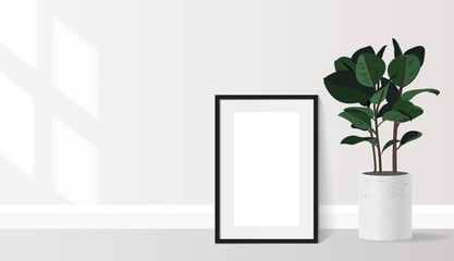 Poster mock up with empty black frame standing on floor and ficus plant. Vector realistic illustration