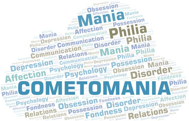 Cometomania word cloud. Type of mania, made with text only.