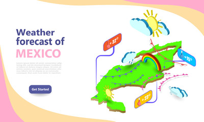 Weather forecast map of Mexico. Isometric set icons location on country. Vector widgets layout of a meteorological application. Illustration of meteo pictograms for web, graphic, infographic design
