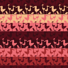 A seamless vector stripes pattern with rows of pink birds. Surface print design.
