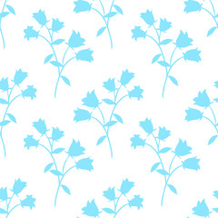 Seamless floral pattern with blue flower silhouettes  on white background.