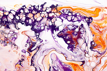 Purple and orange marbled colorful texture. Modern natural resin art, realistic stone pattern wallpaper.