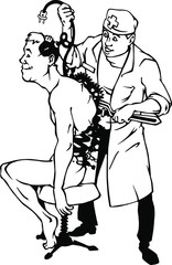 Vector illustration with a male patient at the doctor. The illustration is made in a humorous style, black and white outline, isolated on a white background.
