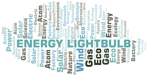 Energy Lightbulb word cloud. Wordcloud made with text only.