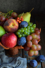 Naklejka na ściany i meble Autumn still life for thanksgiving with autumn fruits and berries on wooden background - grapes, apples, plums, viburnum, dogwood. Raw food. Copy space