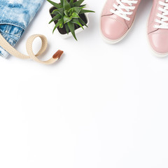 Set with women’s outfit and copyspace. Flat lay