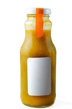 Smothies yellow in bottles with copy space on white background, mock-up
