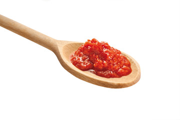 Tomato Sauce on Spoon, Isolated on White Background – Fresh Italian Tomato Red Pulp Macro Detail, Light Wooden Spoon, High Resolution, Bright Icon