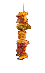 Grilled pork skewer and vegetables barbecue isolated on white background