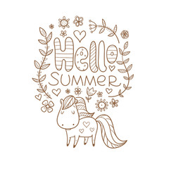 Summer card with a horse and plants. Vector contour image no fill. 