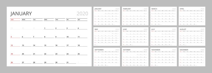 Calendar for 2020 year in clean minimal table simple style. Week Starts on Sunday. Set of 12 Months.