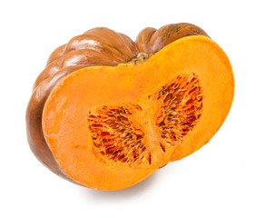 Pumpkin – Halved, Cut Open Orange Pumpkin with Interior Detail, Seeds – Close-Up Macro – Isolated on White Background