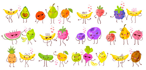 Cute funny fruit characters set isolated on white background. Smiling kawaii cartoon happy fruits collection. Hand drawn vector illustration.
