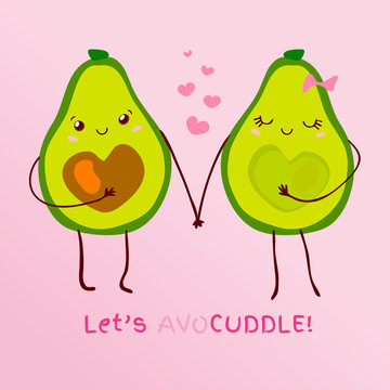 Funny cute couple avocado kawaii cartoon style. Slogan text Let's avocuddle pun lettering for valentines day card design. Hand drawn vector illustration.