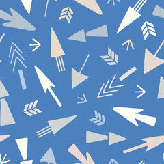 Seamless repeat of hand drawn arrows on a blue background. A vector design.
