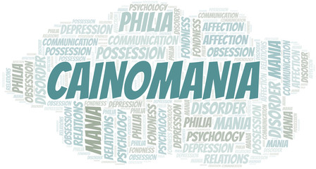 Cainomania word cloud. Type of mania, made with text only.