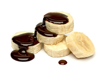 Banana Slices With Chocolate Sauce, sherbet, syrup  isolated on white background