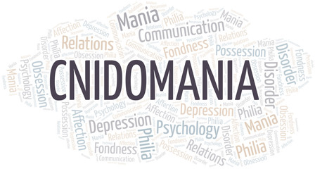 Cnidomania word cloud. Type of mania, made with text only.