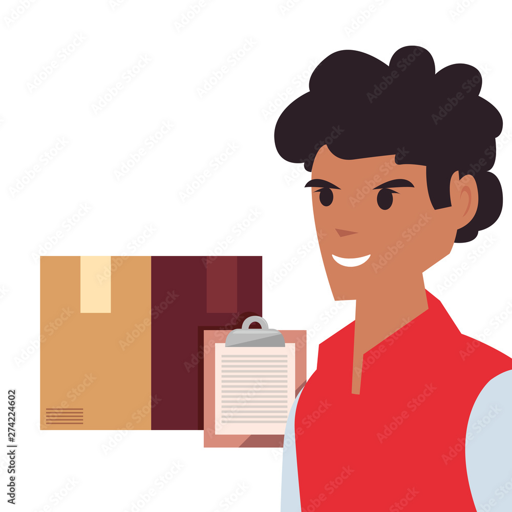 Poster man with clipboard package fast delivery logistic icon vector ilustrate