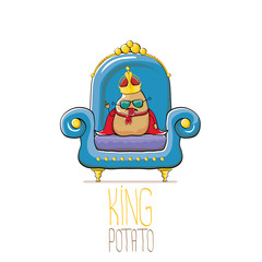 vector funny cartoon cute brown smiling king potato with golden royal crown and red mantle or cape sitting on blue throne isolated on white background. vegetable funky food drawn character