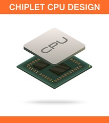 Realistic isometric modern chiplet CPU design front view.