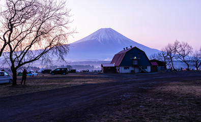 landscape view Fuji mountain background and camping with house at fumoto para camping ground landmark fujinomiya shizuoka japan