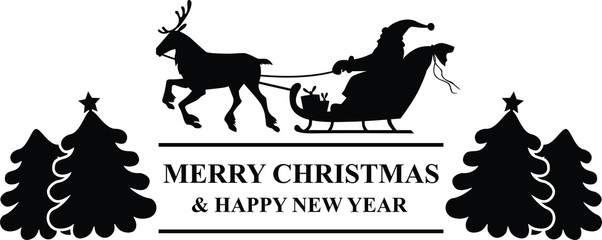 Vector illustrations of silhouette of Santa Claus sitting in a sleigh, reindeer who pull greeting icon