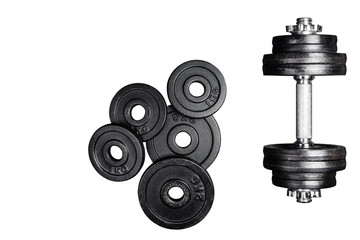 Gym dumbbells with black metal weights 1kg and 2kg, isolated on white background with clipping...