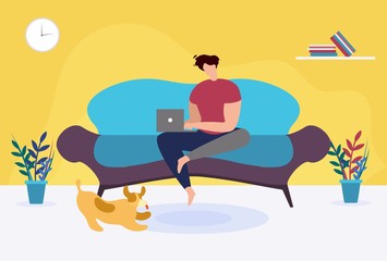 Man with Laptop Sitting on Sofa at Home Cartoon