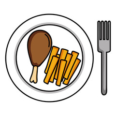 dish with chicken thigh and french frieds