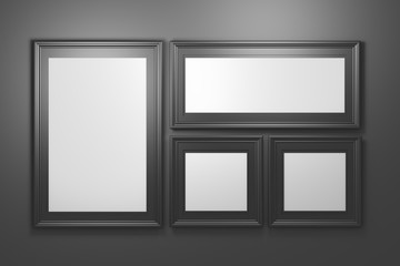 Set collection of four black luxurious picture photo frames with blank copy space on black background. 3d illustration.