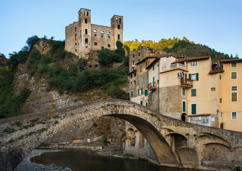 Fototapeta na wymiar View of Dolceacqua castle and the bridge in the old town of Dolceacqua, Imperia province, Liguria region, Italy
