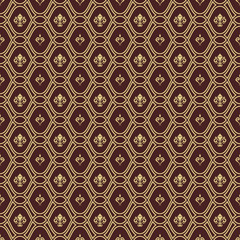 Seamless vector pattern. Modern geometric ornament with golden royal lilies. Classic vintage background