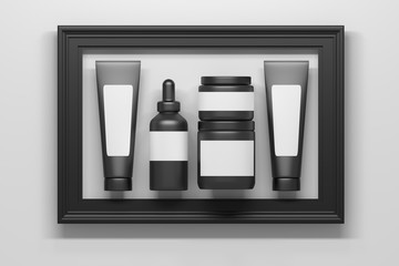 Set of black cosmetics packaging bottles tubes collection with white blank clear labels inframed in large black frame.  3d illustration.