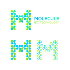 Letter M Logotype with Green Leave and Dots cross, Molecular cell structure concept, Nano Technology and Ecology Biology logo, Eco Plant Icons, Chemistry and DNA Symbols, Science Laboratory Signs