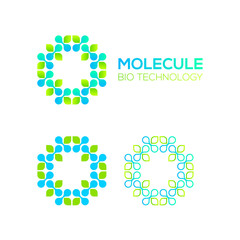 Letter O Logotype with Green Leave and Dots cross, Molecular cell structure concept, Nano Technology and Ecology Biology logo, Eco Plant Icons, Chemistry and DNA Symbols, Science Laboratory Signs