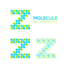 Letter Z Logotype with Green Leave and Dots cross, Molecular cell structure concept, Nano Technology and Ecology Biology logo, Eco Plant Icons, Chemistry and DNA Symbols, Science Laboratory Signs