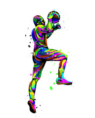 Fototapeta na wymiar Basketball player in a jump throws the ball. Abstract, multicolored hand-drawn graphics of a basketball player with watercolor splashes.