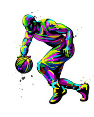 Basketball player. Abstract, multicolored hand-drawn graphics of a basketball player with watercolor splashes.