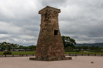 Panorama of korean historical Cheomseongdae the oldest surviving astronomical observatory in Asia. National heritage of former Capital Gyeongju, South Korea. Asia.