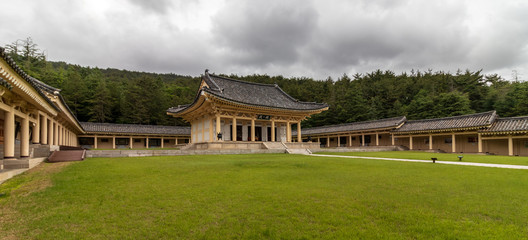 Obraz premium Central square, buildings and main Pavilion inside Tongiljeon Complex. Heritage of former Capital Gyeongju, South Korea. Asia.